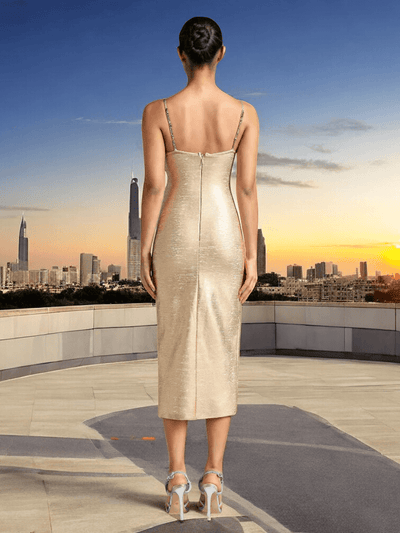Ivi Chain-Accented Gold Cutout Midi Dress