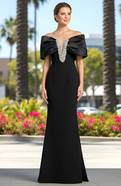 Black satin off-shoulder formal gown with pearl details on steps outdoors