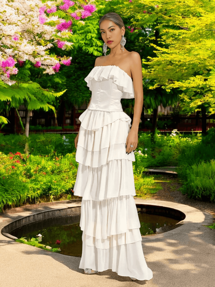 White Strapless Ruched Mesh Maxi Dress with elegant ruching and mesh details for weddings and formal events.