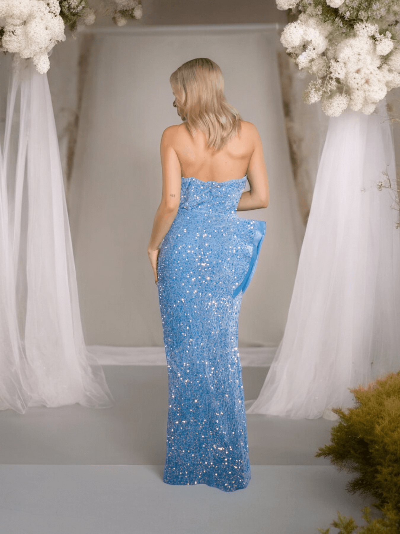Madena strapless Crystal Leaves Sequins Long Dress