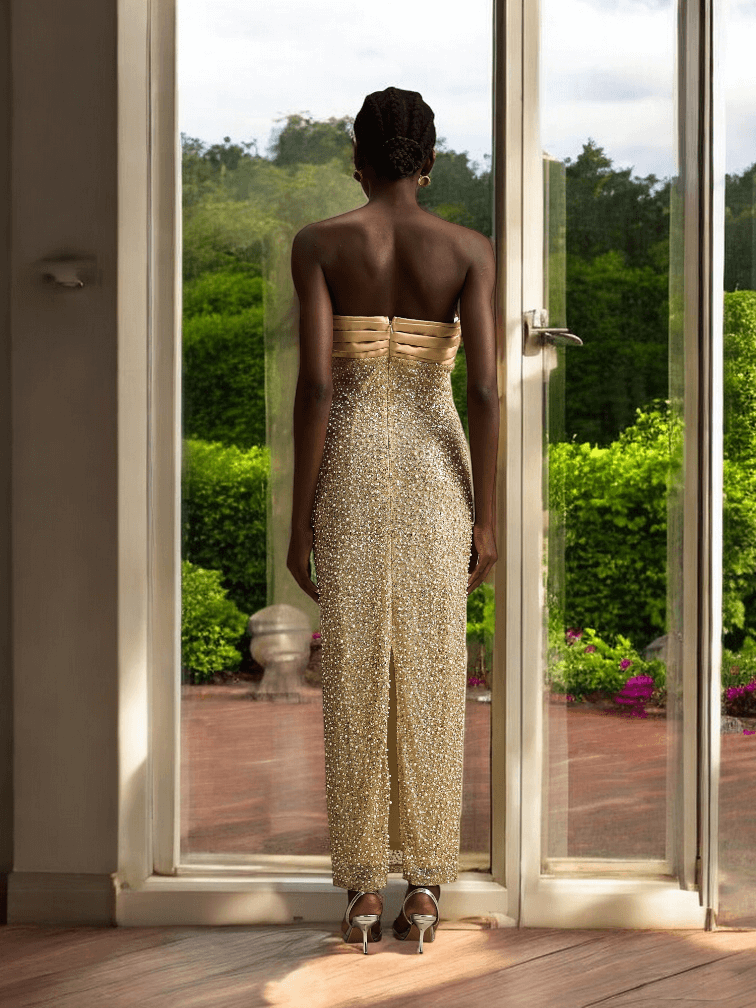 Strapless Pearl Sequin Maxi Dress Gold