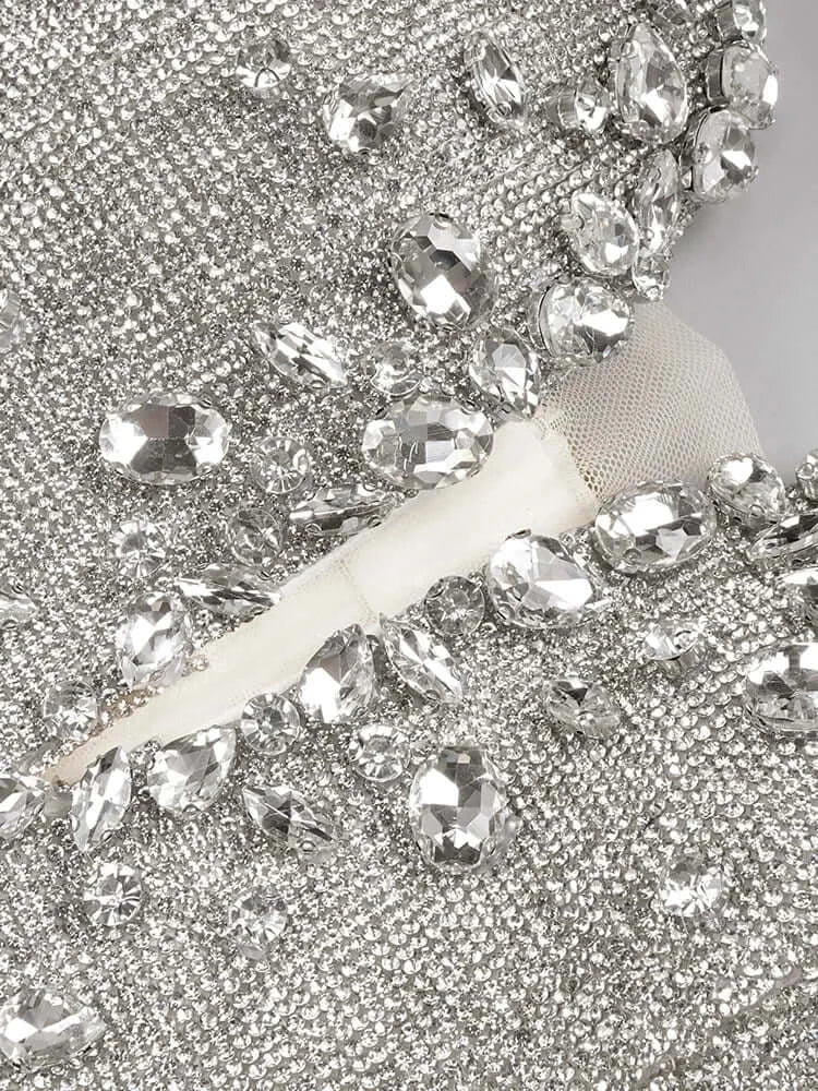 Glitter Cystal Beaded Silver Patchwork Mini Dress