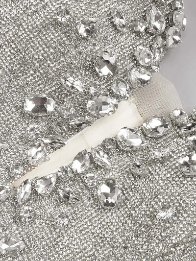 Glitter Cystal Beaded Silver Patchwork Mini Dress