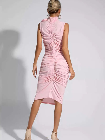 Pink Flower Ruched Midi Dress