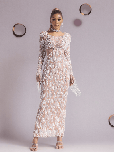 Pearl Embellished Sequin Maxi Dress Nude