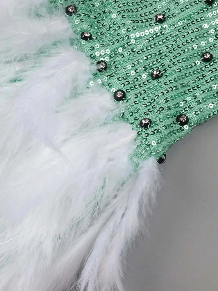 Long Sleeve Feather Sequin Dress in Green and White