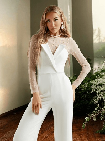 Embellished Long Sleeve Two Piece Jumspuit White Nude