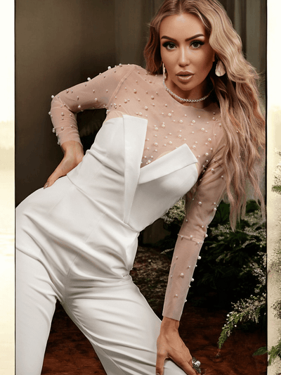Embellished Long Sleeve Two Piece Jumspuit White Nude