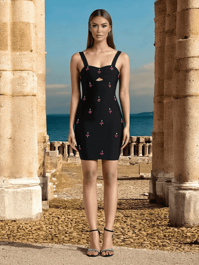 Black Anny Crystal Flower Detail Mini Dress with sparkling floral details for parties and events.