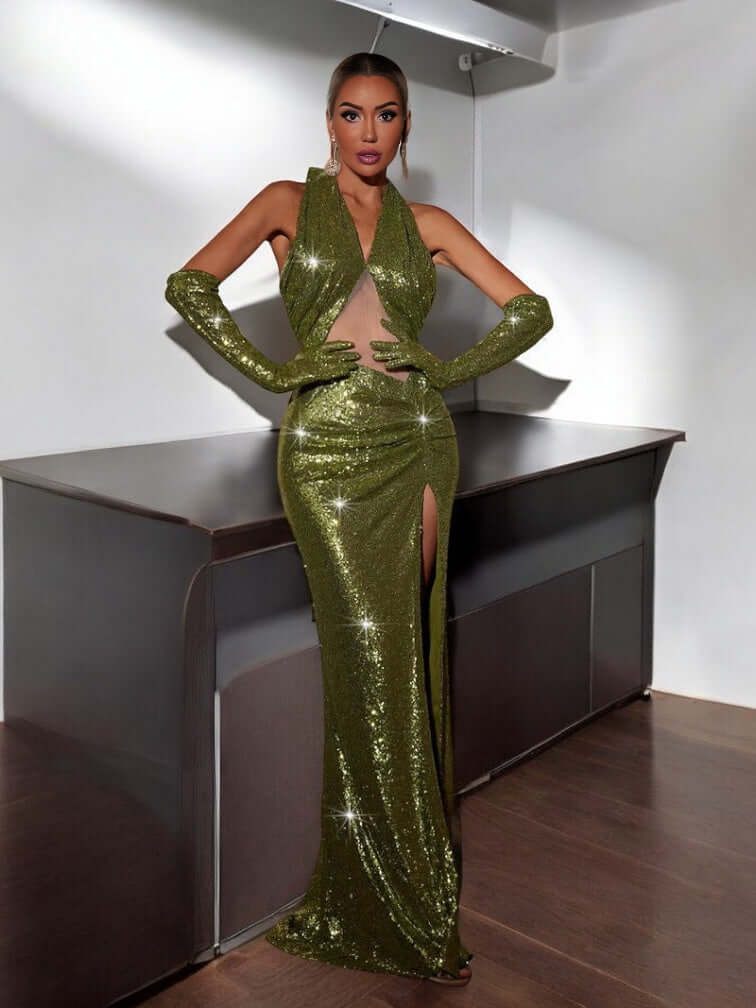 Green Halter Draped Sequin Maxi Dress – Elegant Sequin Gown for Special Occasions