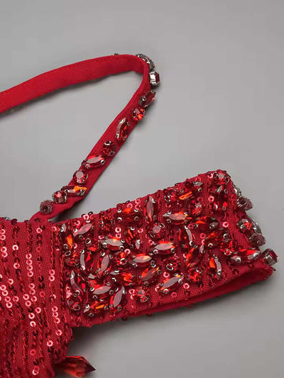 Red Sintra High Split Dress with Crystal Embellishments