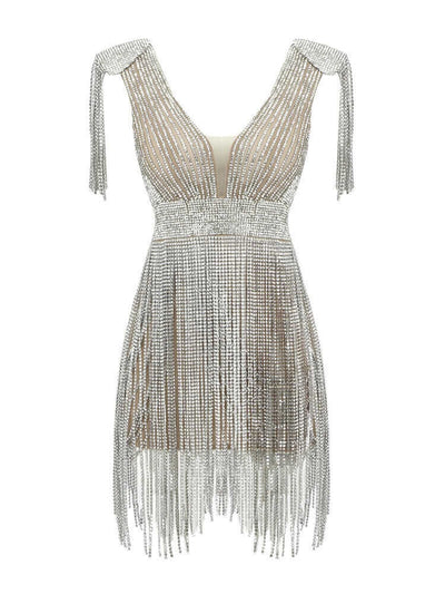 Crystal Fringe Shiny Shoulders Mini Dress