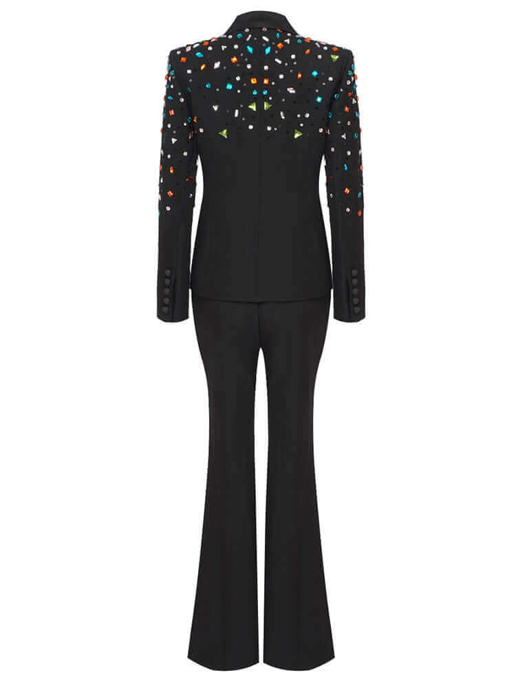 Black pantsuit with colorful stones embroidery on the blazer.