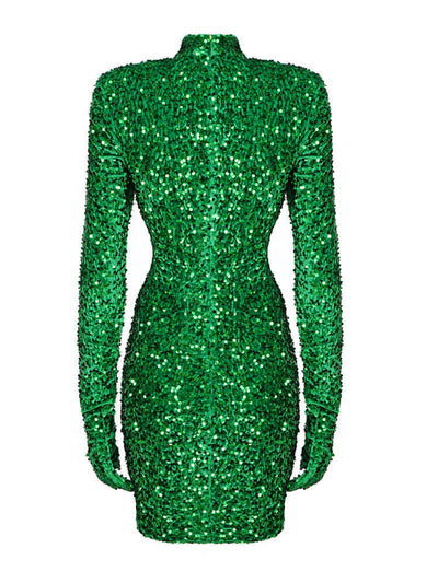 London turtleneck mini draped dress with sequined gloves in green Valensia Seven