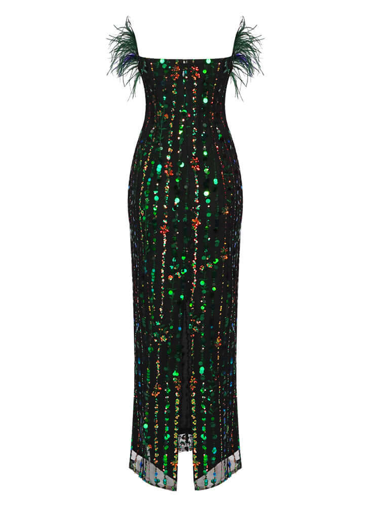 Elegant strapless maxi dress adorned with sequins and feather embellishments for a glamorous look.