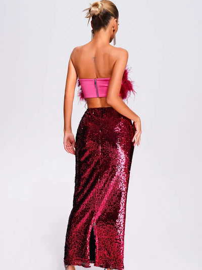Feather Crop Top And Sequins Long Skirt