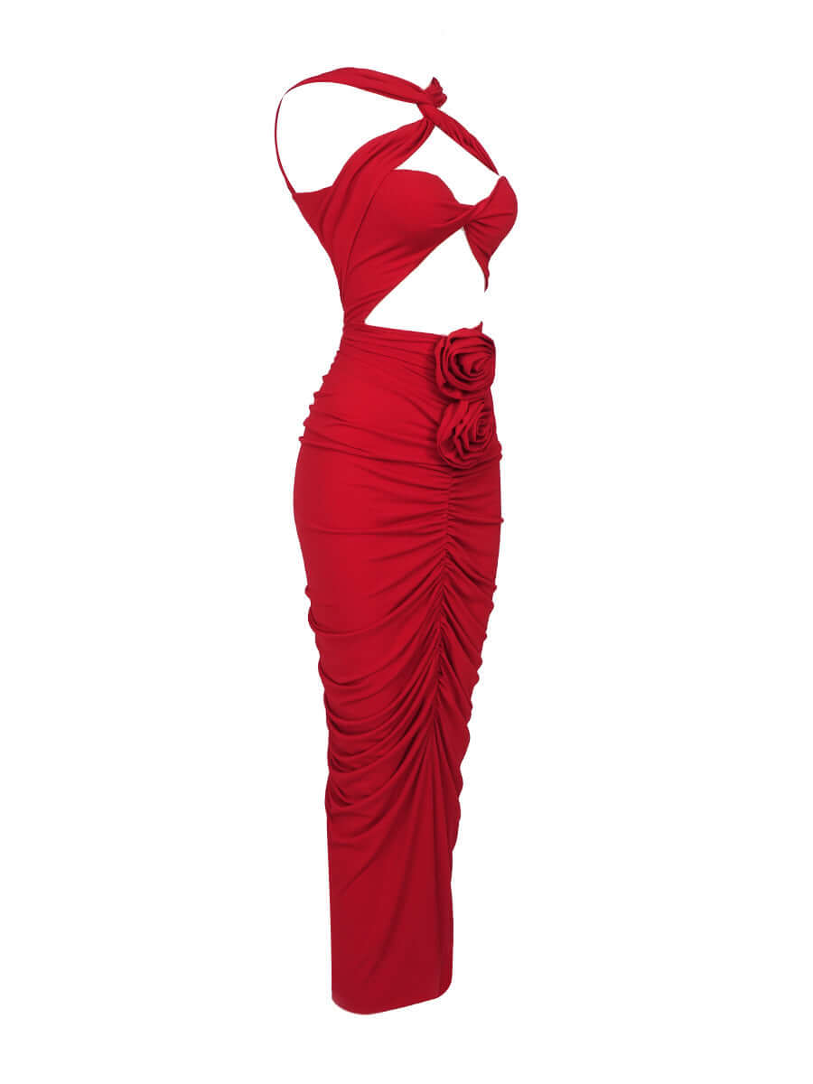 Red Gathered Cutout Midi Dress