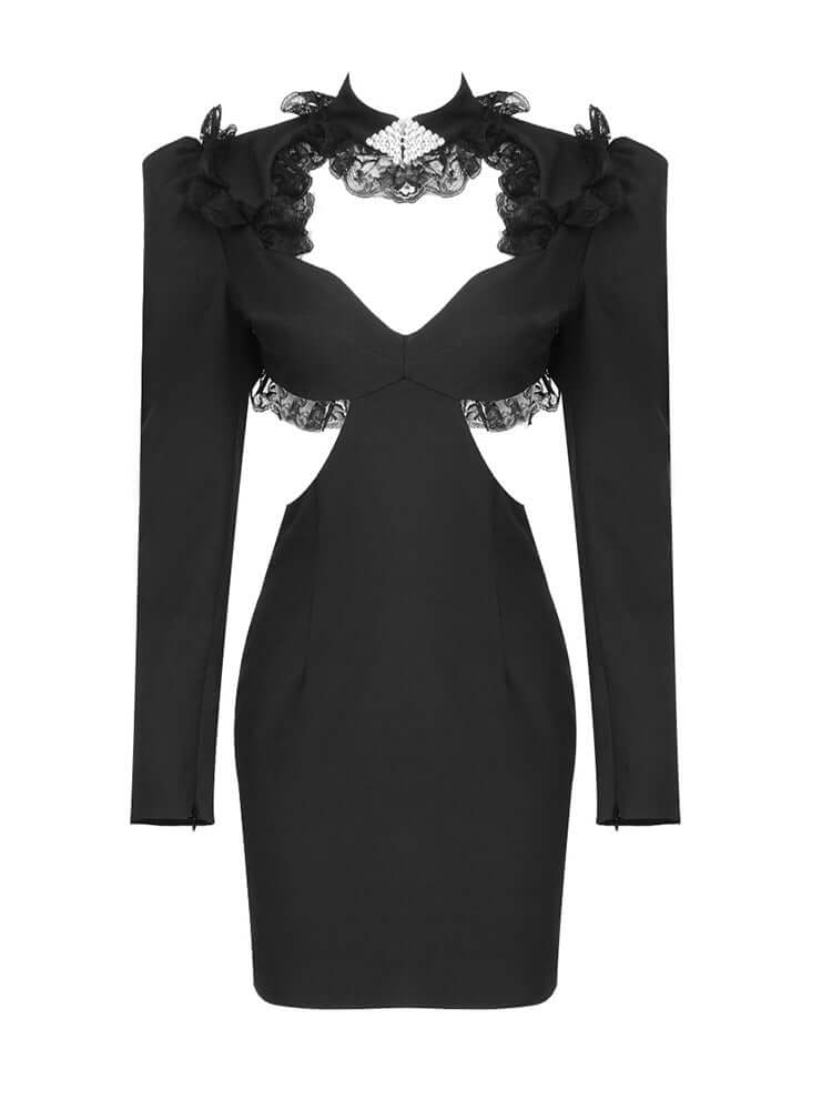 Black Cut-Out Detailed Lace Trim Dress