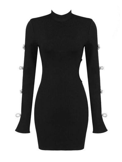 Hollow Out Bow Crystal Long Sleeve Mini Dress