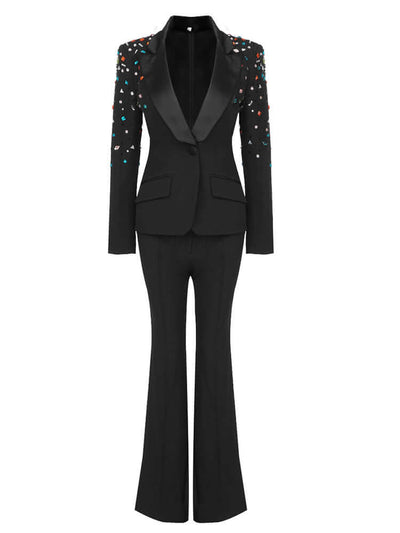 Black pantsuit with colorful stones embroidery on the blazer.