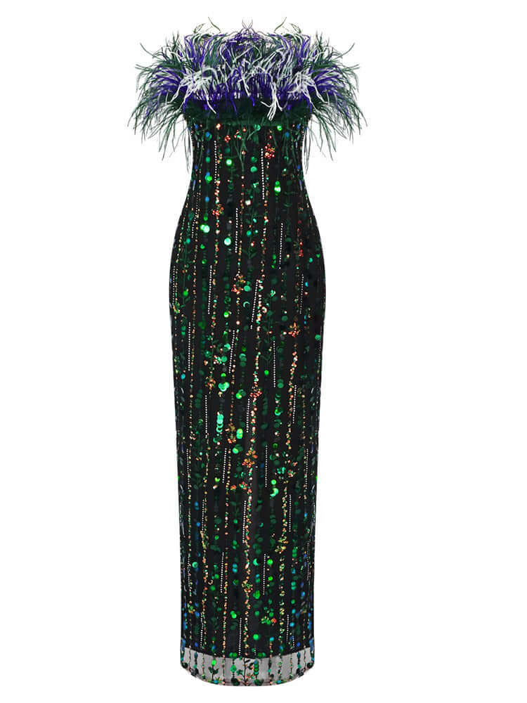 Elegant strapless maxi dress adorned with sequins and feather embellishments for a glamorous look.