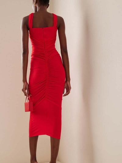 Red Gathered Cutout Midi Dress