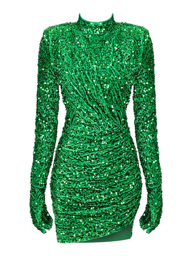 London turtleneck mini draped dress with sequined gloves in green Valensia Seven
