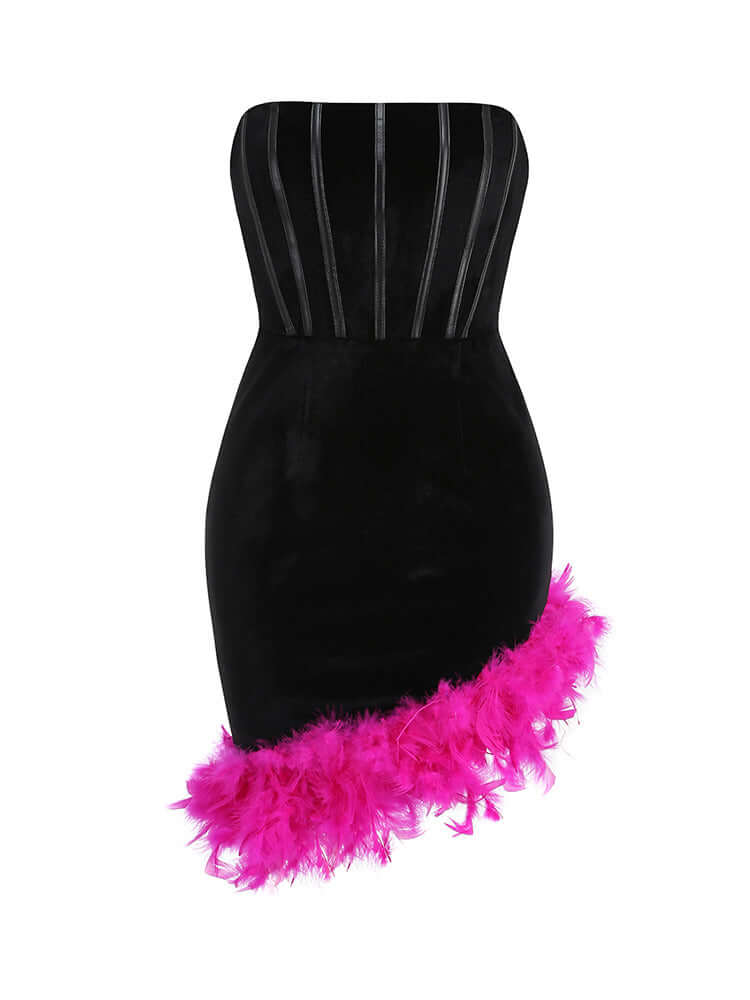 Gizmo velvet asymmetric feathers mini dress in black Valensia Seven