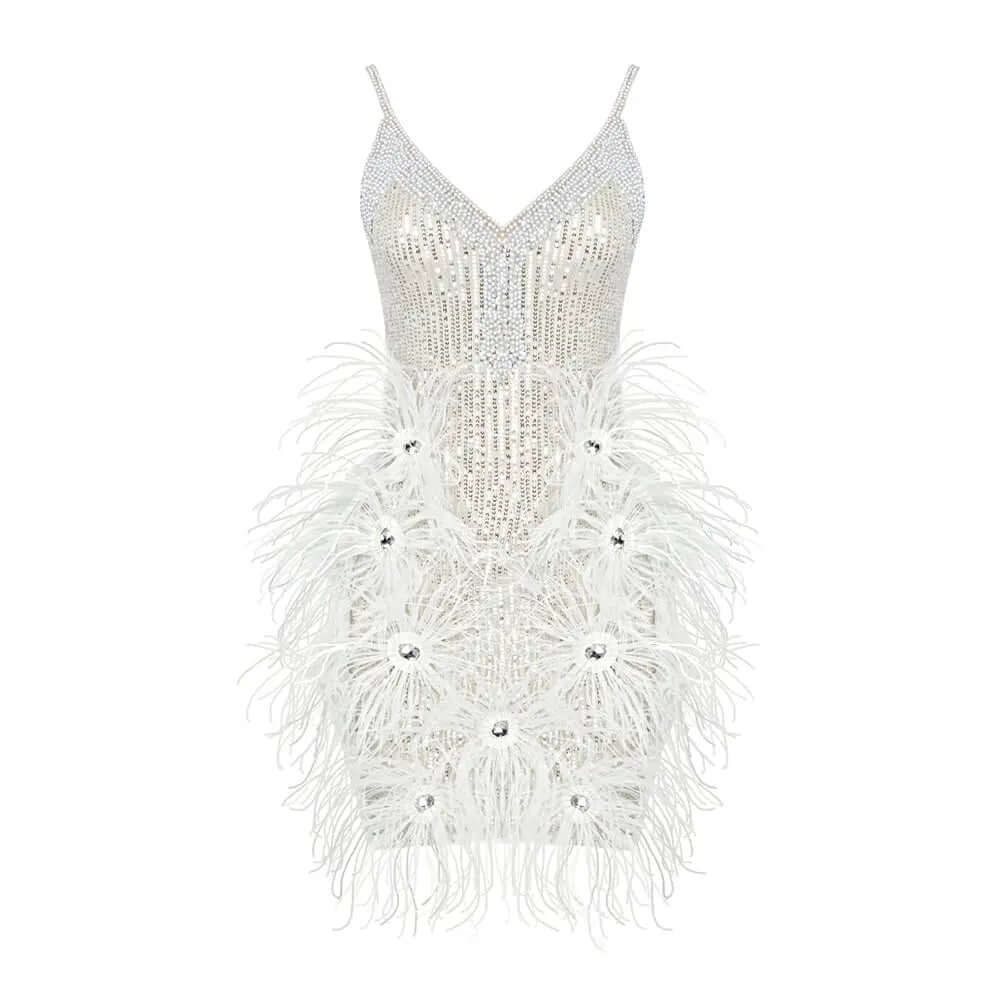 Berga Feather Dress Sequins Pearl V-Neck Mini Dress Valensia Seven