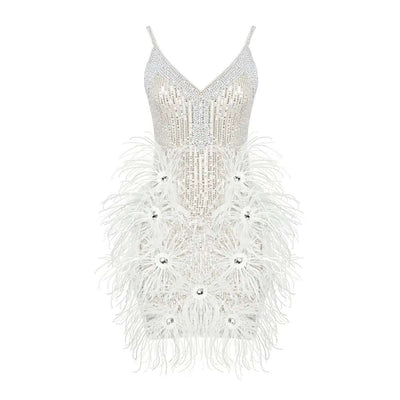 Feather Dress with Sequins and Pearls, V-Neck Mini Dress