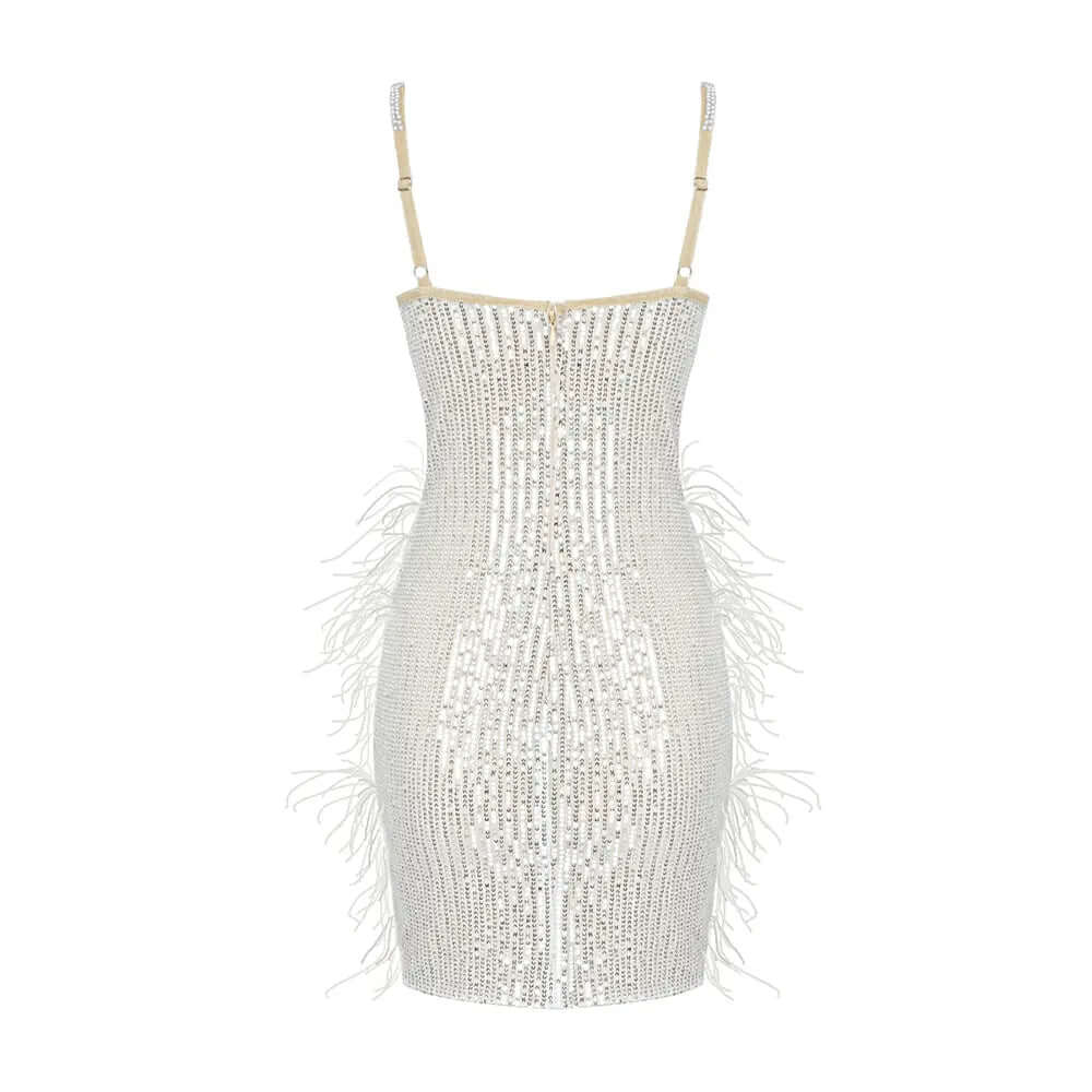 Feather Dress with Sequins and Pearls, V-Neck Mini Dress