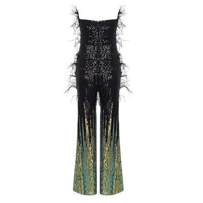 Glamorous strapless jumpsuit adorned with sequins and feathers, perfect for a stylish evening look