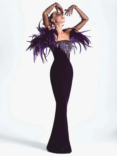 Feather Crystal Purple Velvet Dress With Gloves Valensia Seven