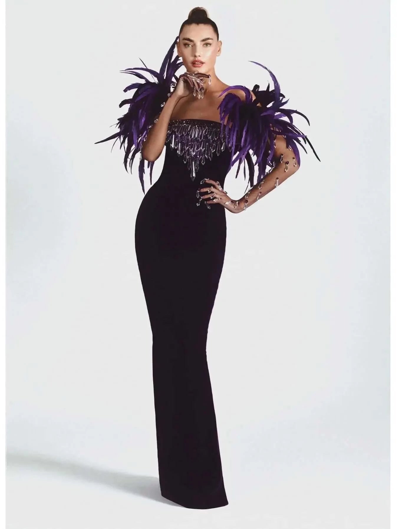 Feather Crystal Purple Velvet Dress With Gloves Valensia Seven