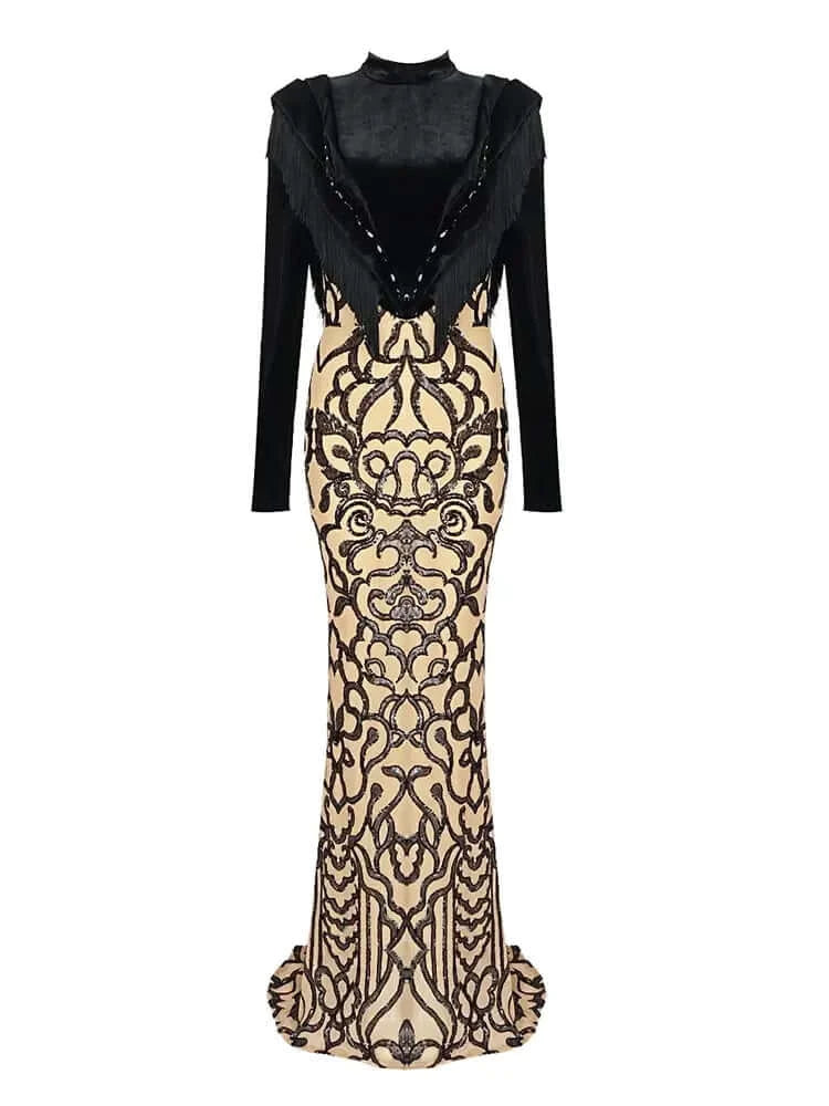 Luxurious long dress with sequins and tassel design, perfect for cocktail and evening parties