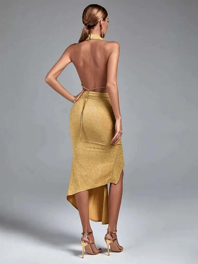 Leyla Halterneck Backless Gold Asymmetric Dress Valensia Seven