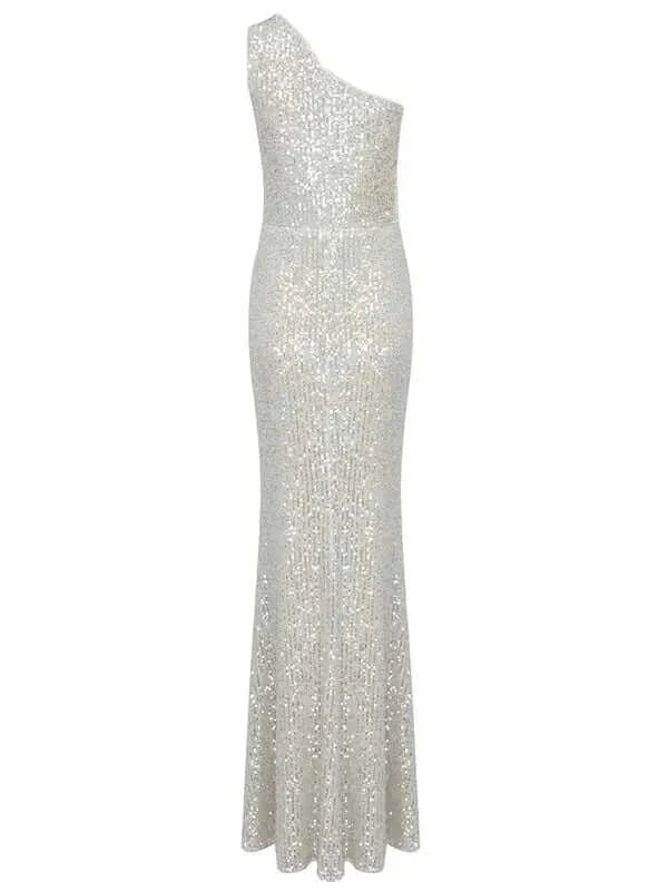 Stunning new arrival! Haybella one-shoulder maxi dress with intricate sequin detailing.