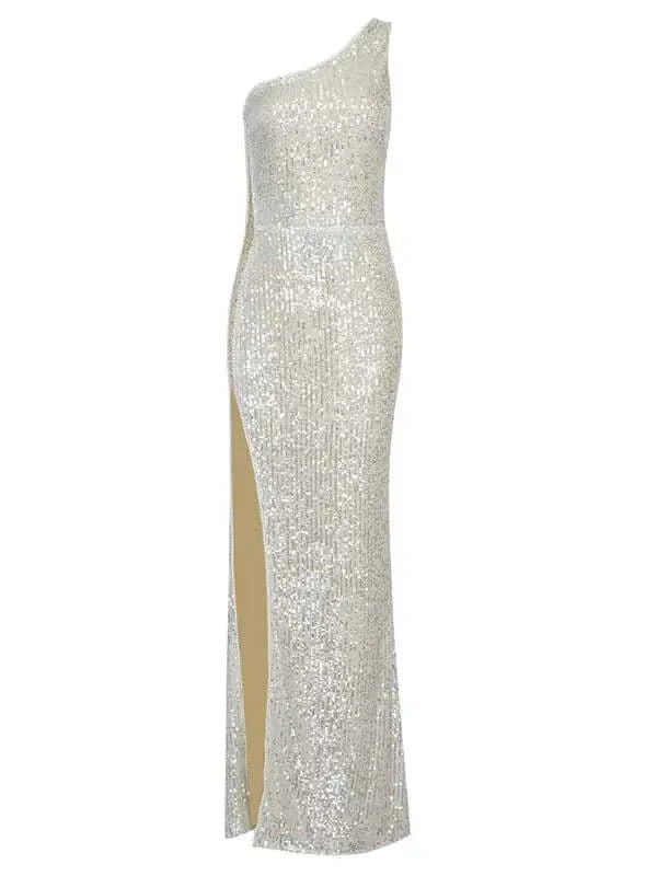 Stunning new arrival! Haybella one-shoulder maxi dress with intricate sequin detailing.