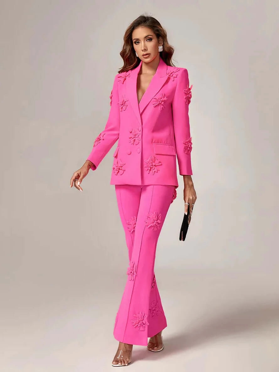Chic Pink Floral Embellished Blazer Set: Elevate Your Style with Flair!
