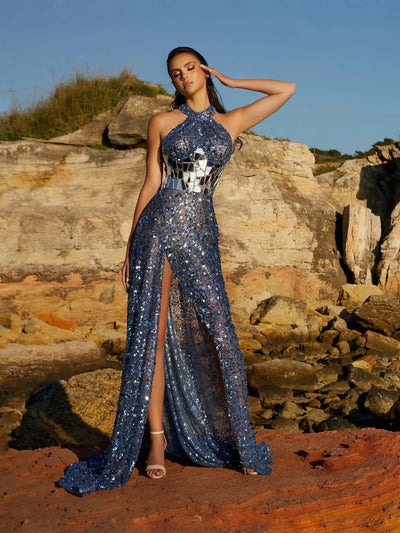 Eye-catching evening party dress adorned with geometric sequin patterns for a striking look