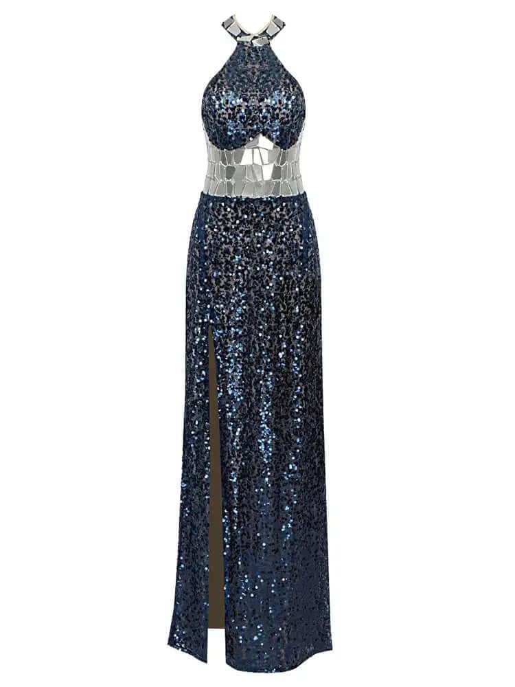Eye-catching evening party dress adorned with geometric sequin patterns for a striking look