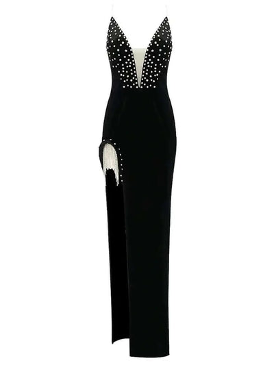 Elegant evening dress adorned with shimmering crystals for a touch of glamour