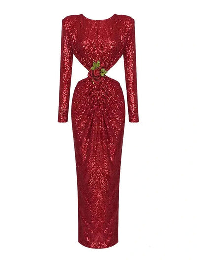 Stunning maxi dress adorned with sequin embellishments and featuring stylish cut-out details.