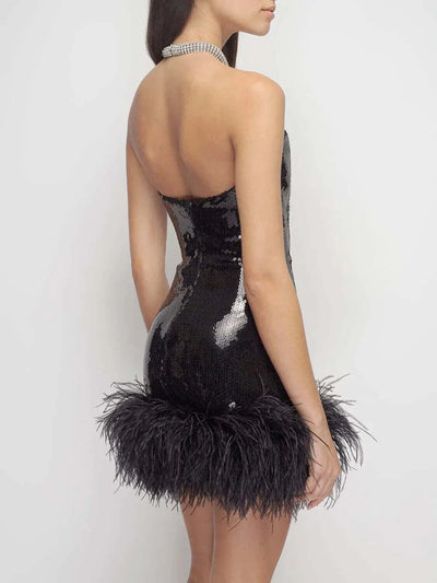 Solmen Black Sweetheart-bustier Ostrich-feather Mini Dress Valensia Seven