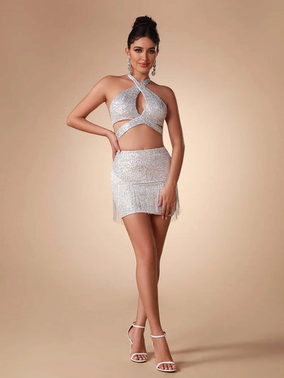 Two Pieces Halter Neck Sequined Skirt Set