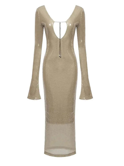 Chic bodycon dress with long sleeves and ankle-length hem adorned with sparkling sequins