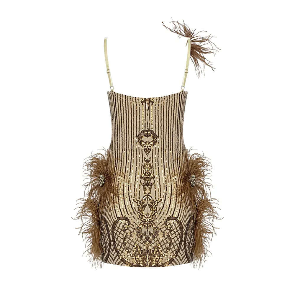 Zulum Feather Sequins Brown Mini Dress Valensia Seven