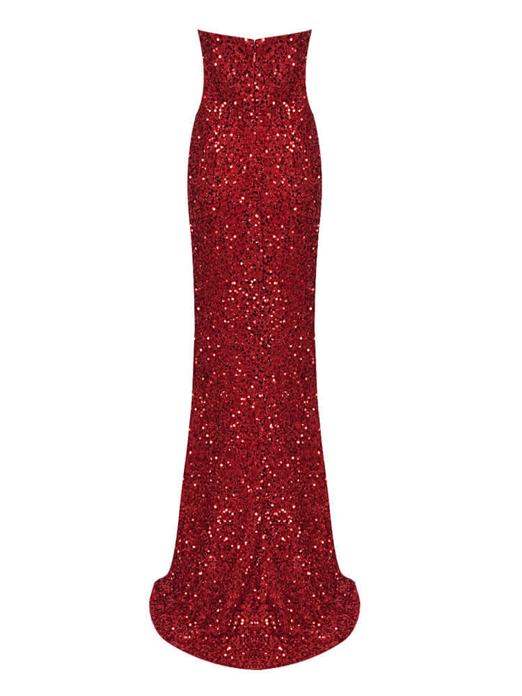 Formal tube dress adorned with sequins and featuring a split thigh detail for added allure.