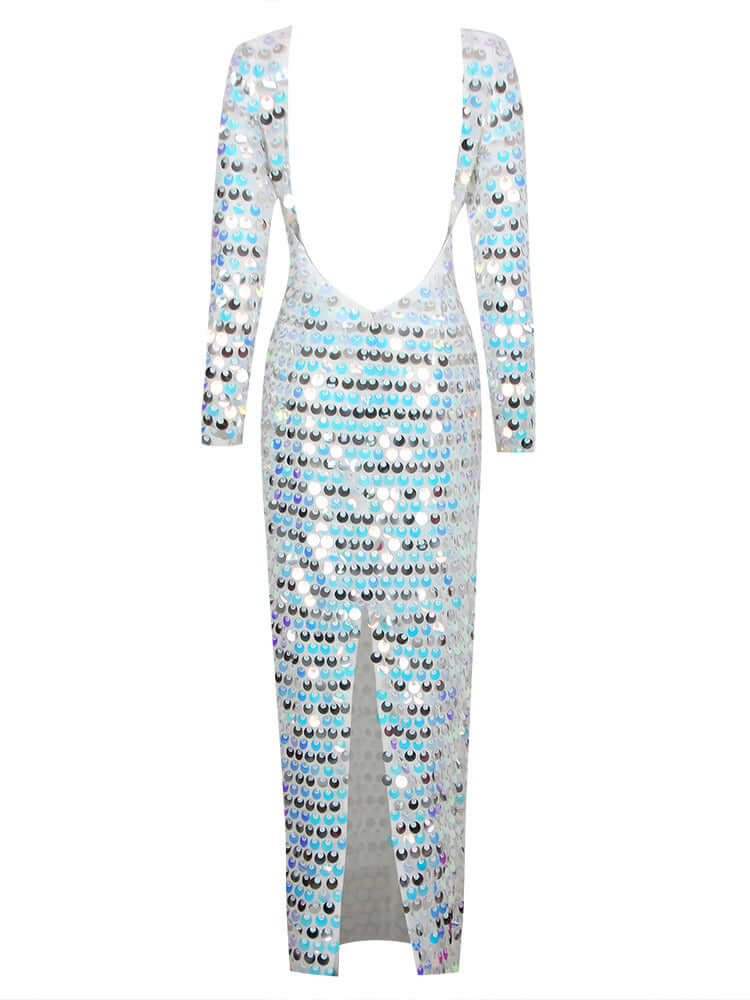 Elegant maxi dress adorned with multi-colored sequins, featuring a stylish backless design and a daring split