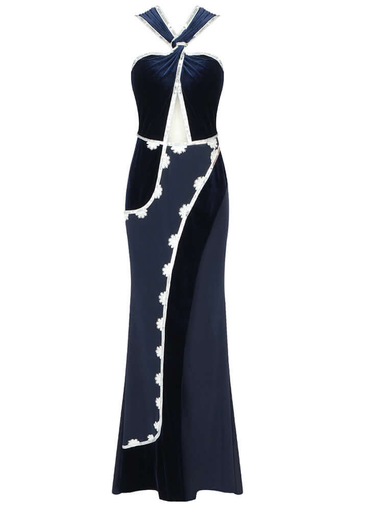 Elegant sleeveless velvet long dress with a halter neckline for a sophisticated look.